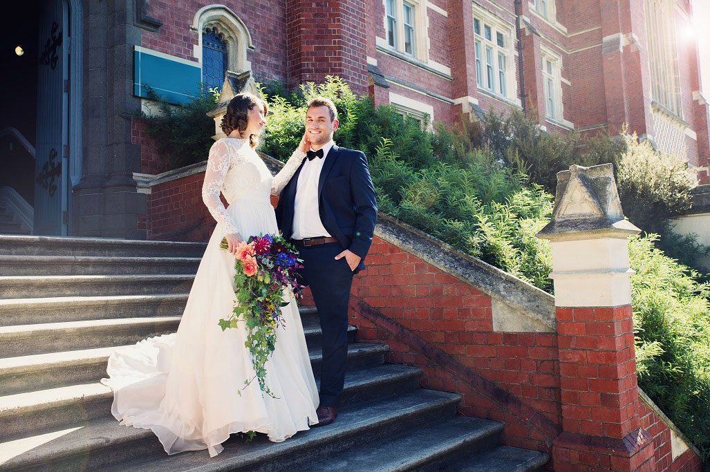 Newly Married couple on steps of the Hunter Building